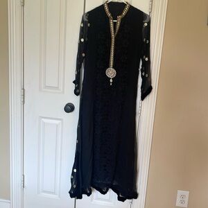 Pakistani Indian kurta black with gold tilla and brooch.